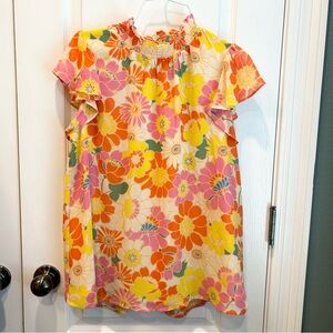 Sugarlips Women’s Floral Smocked Neck Ruffle Flutter Sleeve Lined Keyhole Back M